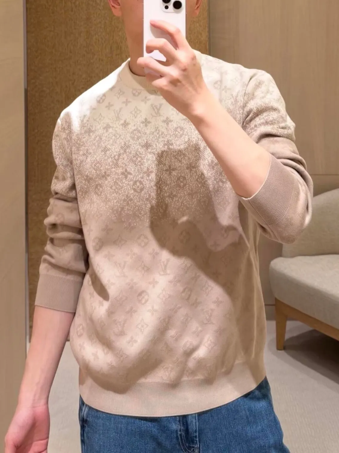 Louis Vuitton/Louis Vuitton Khaki gradient all-over printed old flower knitted sweater